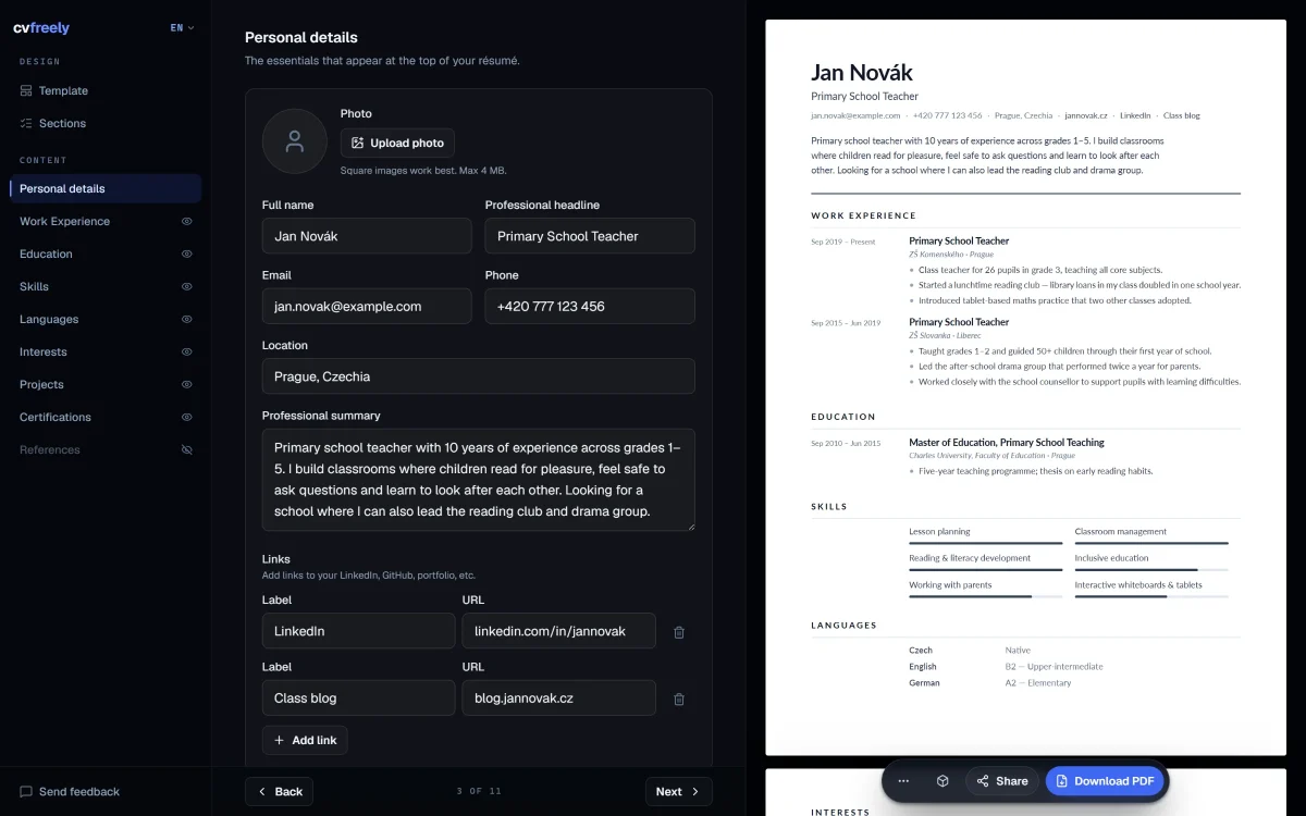 The cvfreely editor: the finished résumé rendering as the details are filled in, with a Download PDF button.